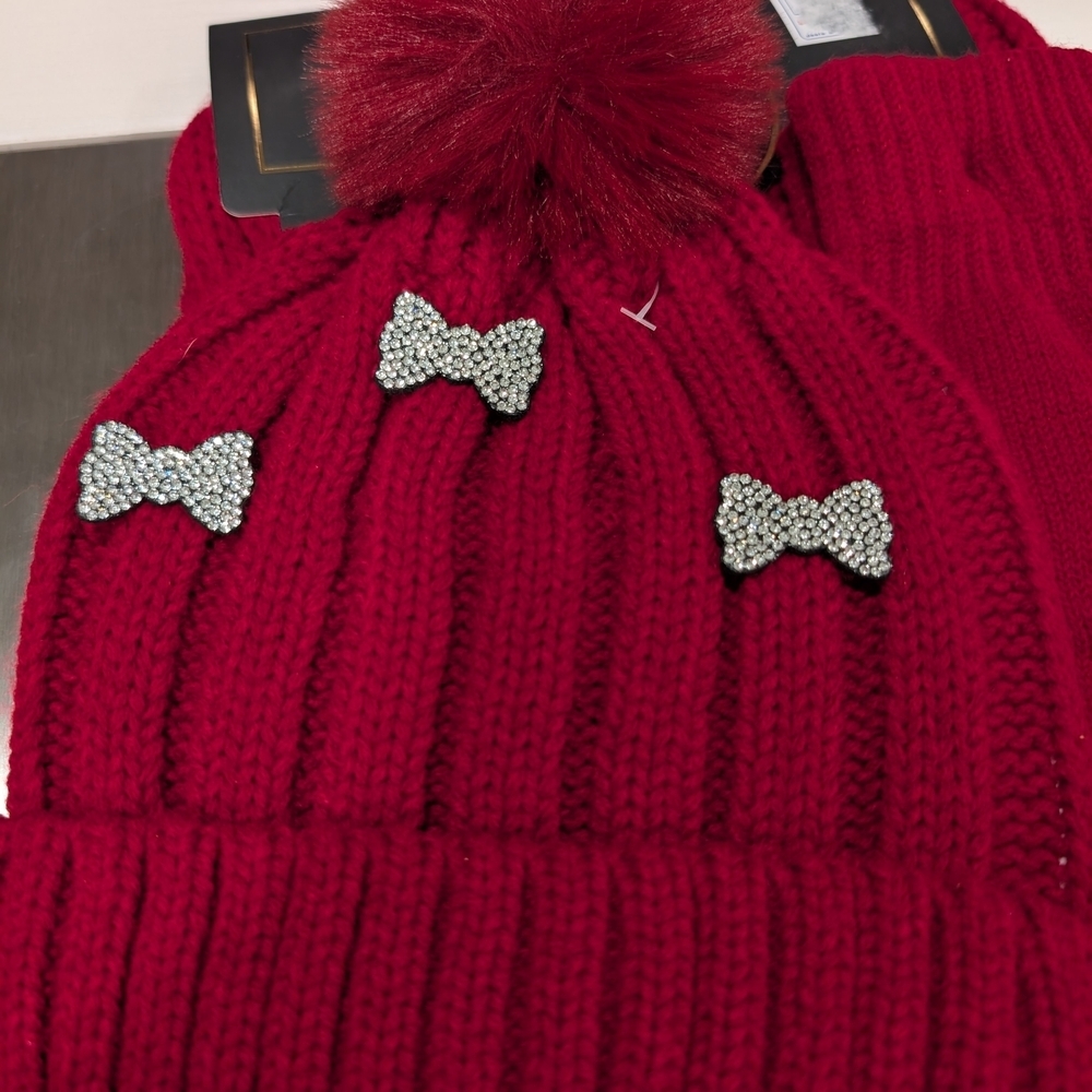Cherry Red Knit Scarf, Glove & Hat Set with Silver Bows - Picture 2 of 5